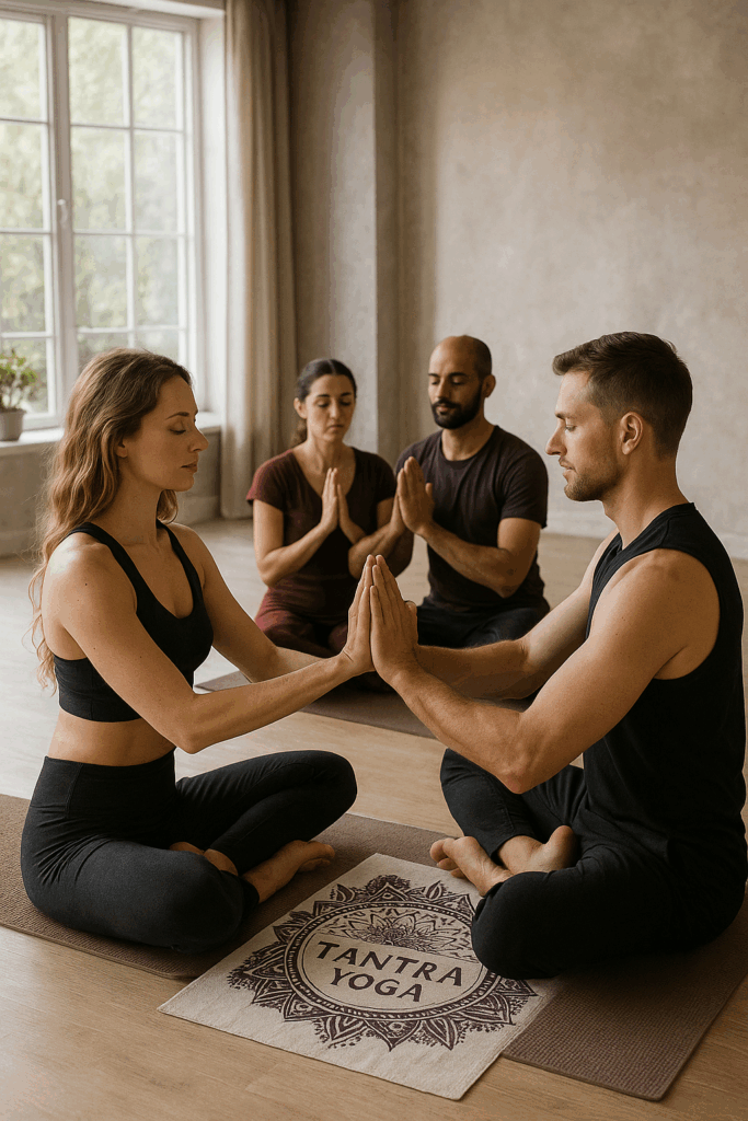 Groupe en séance de yoga tantrique, harmonisation du corps et de l’énergie vitale en pratique moderne