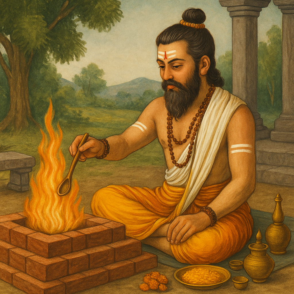 Prêtre brahmanique accomplissant une cérémonie védique, source historique des rites tantriques